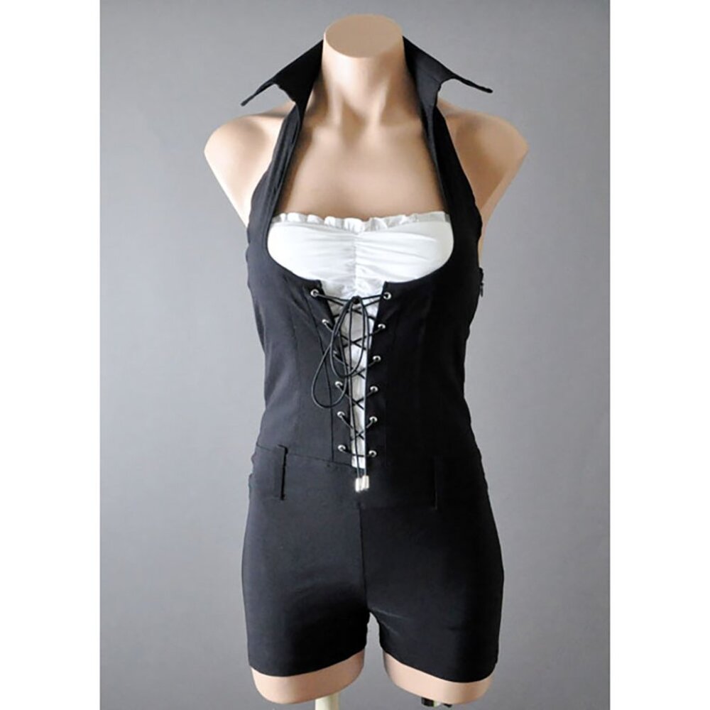 Black White Criss Cross String Up Corset Steampunk Gothic Punk Vampire Romper